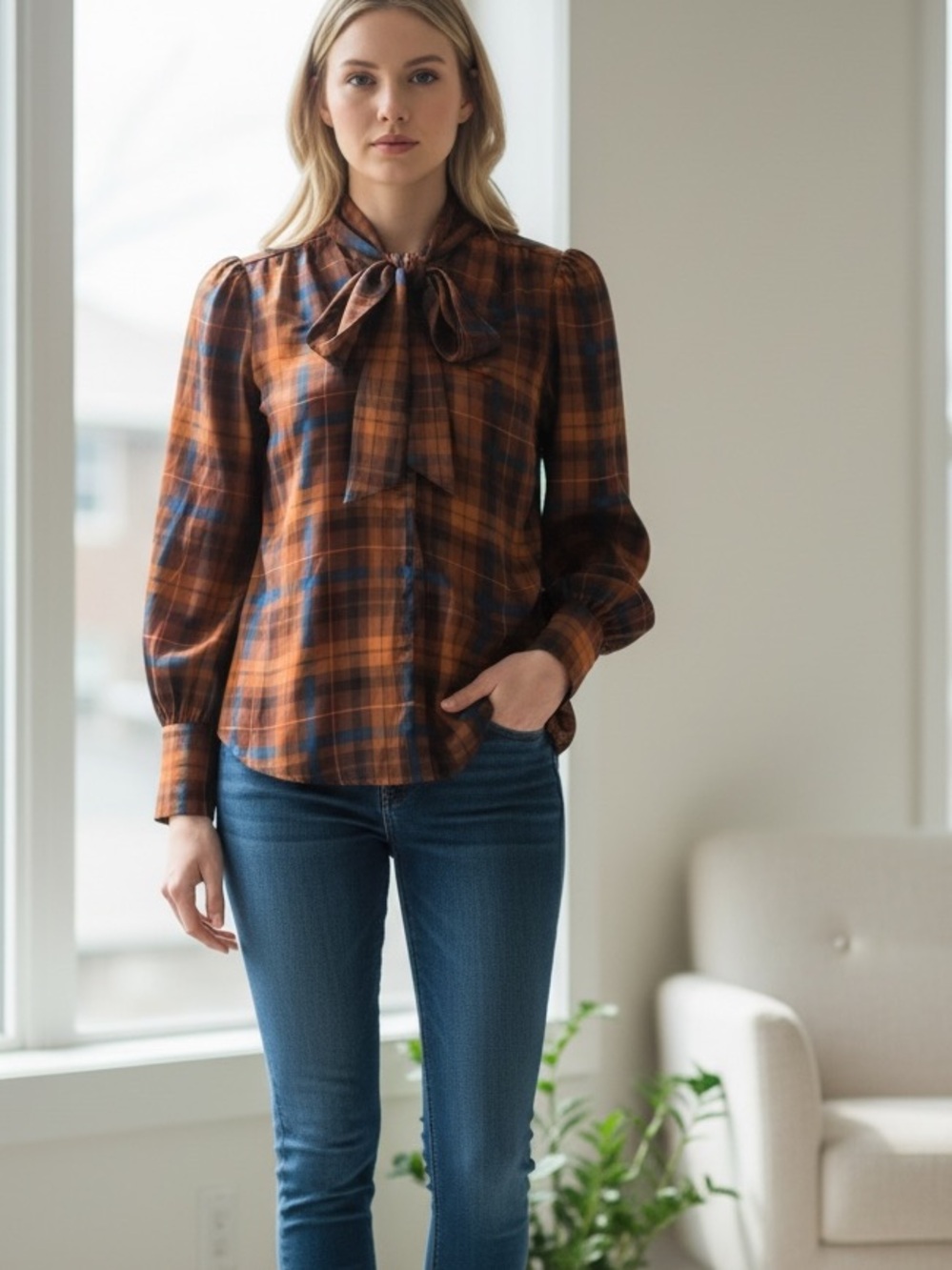 Ann Taylor Factory Petite XSP Plaid Blouse Bow Long Sleeves